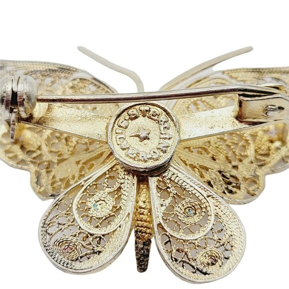 Vtg Filigree Sterling Silver W/ Gold Vermeil Butterfly Brooch Delicate Ornate - Picture 6 of 8